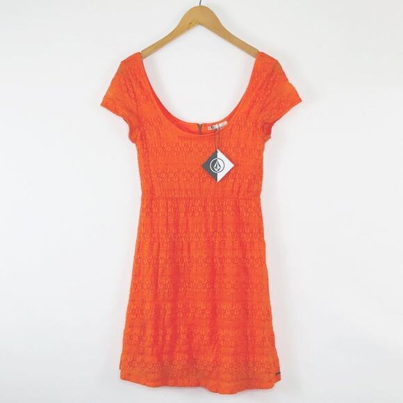 Volcom Orange Lace Knit short Sleeve Shift Mini Dress NWT - Picture 2 of 12